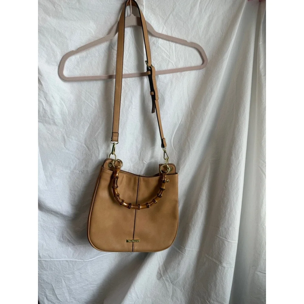 Enzo Angiolini Tan Crossbody Hobo Bag with Bamboo Handles Gold Hardware